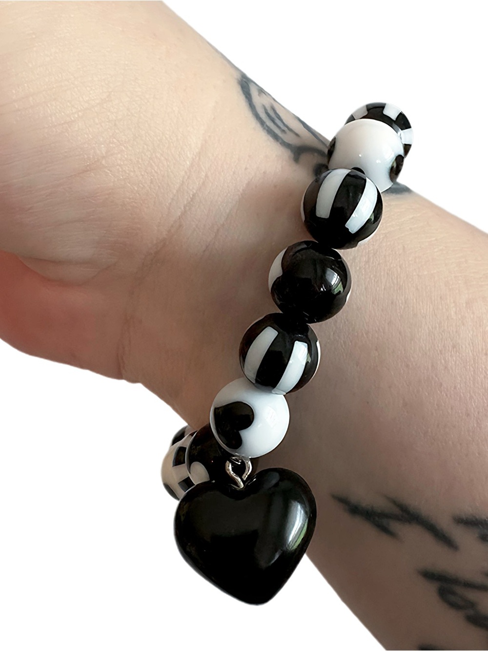 Black & White Handmade Heart Charm Beaded Stretch Bracelet